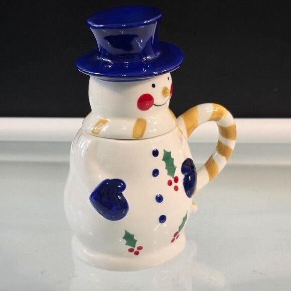 Snowman Mug With Blue Hat Lid Temptations Presentable Ovenware By Tara Ceramic - Picture 5 of 8